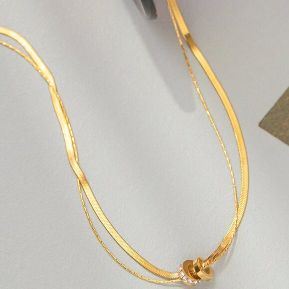 Silver Casual Women's Stainless Steel Round Cz Inlaid Double Layer Necklace - Picture 13 of 14